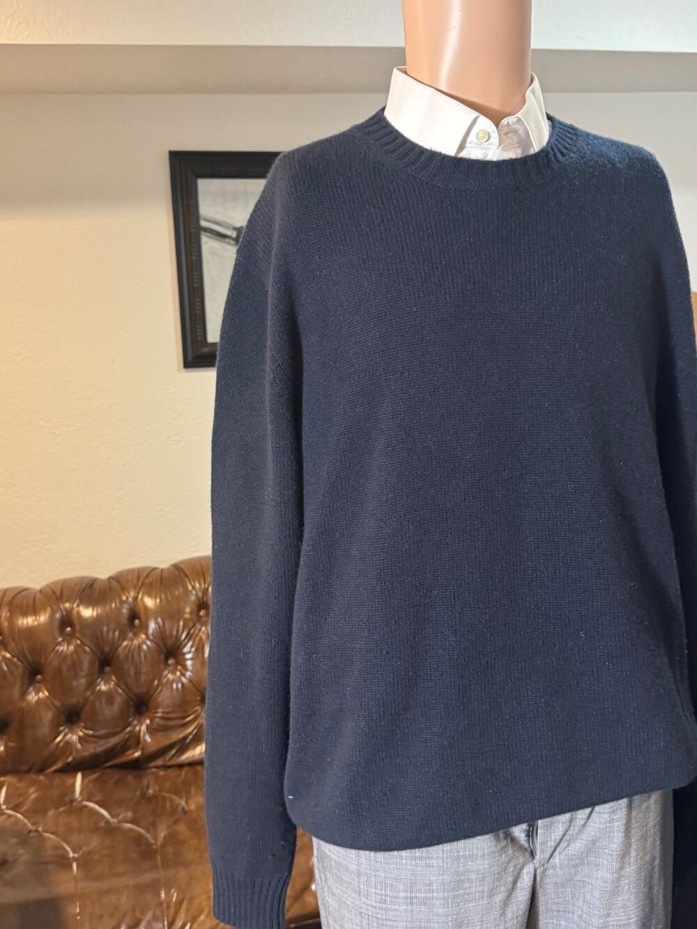 Loro Piana Heavyweight Gauge Cashmere Navy Blue Crewneck Sweater 56 XL